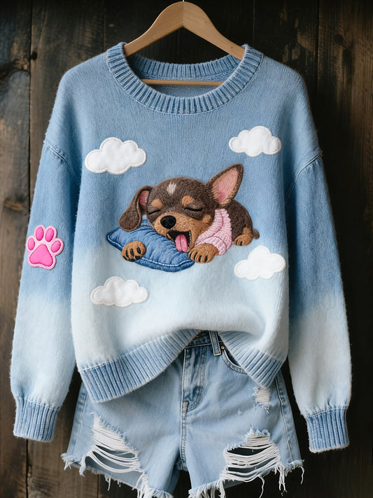 Dámské vintage umění zvířecí tisk útulný pletený svetr