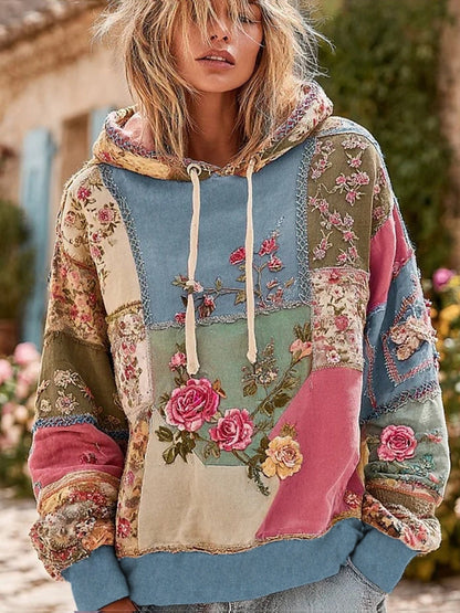 Dámské vintage květinová tisk pohodlí mikina s kapucnou
