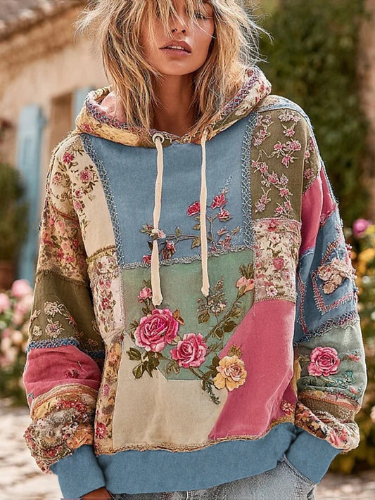 Dámské vintage květinová tisk pohodlí mikina s kapucnou