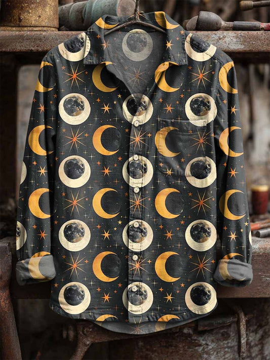 Retro star and moon print casual s dlouhými rukávy