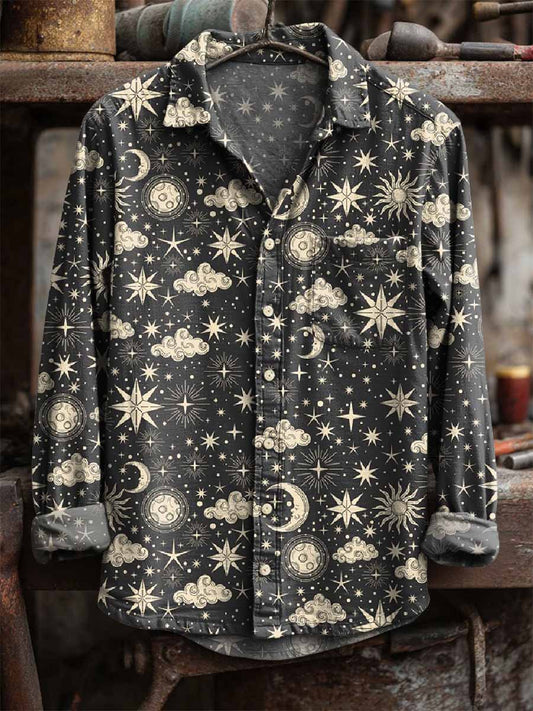 Retro star and moon print casual s dlouhými rukávy