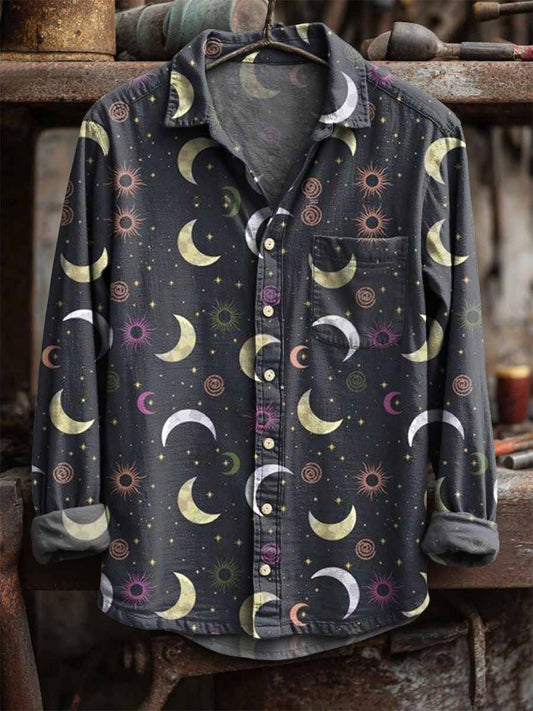 Retro slunce a měsíc tisk casual s dlouhým rukávem košile