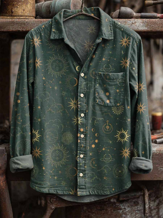 Retro slunce a měsíc tisk casual s dlouhým rukávem košile