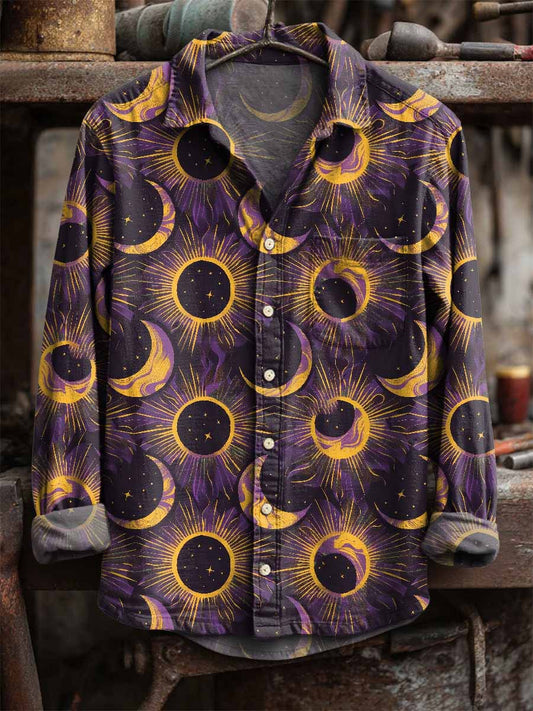 Retro slunce a měsíc tisk casual s dlouhým rukávem košile