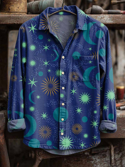 Retro star and moon print casual s dlouhými rukávy