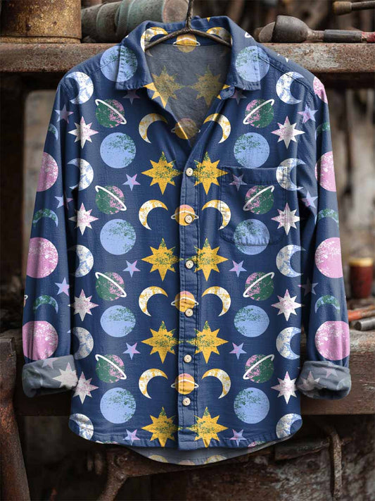 Retro star and moon print casual s dlouhými rukávy