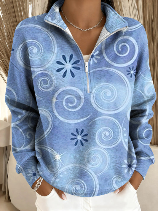 Ženské vintage květinová tisk umělecké vneck zips pulóver