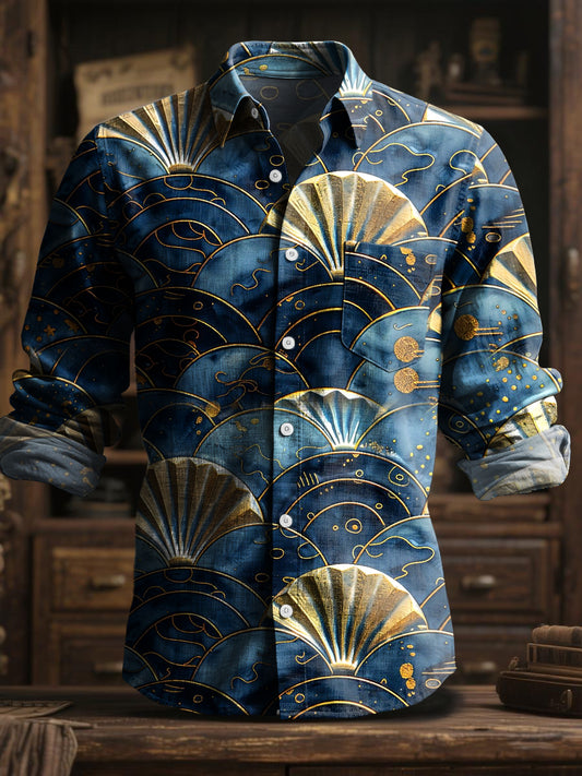 Retro abstraktní geometrické tričko s dlouhými rukávy ve tvaru ventilátoru