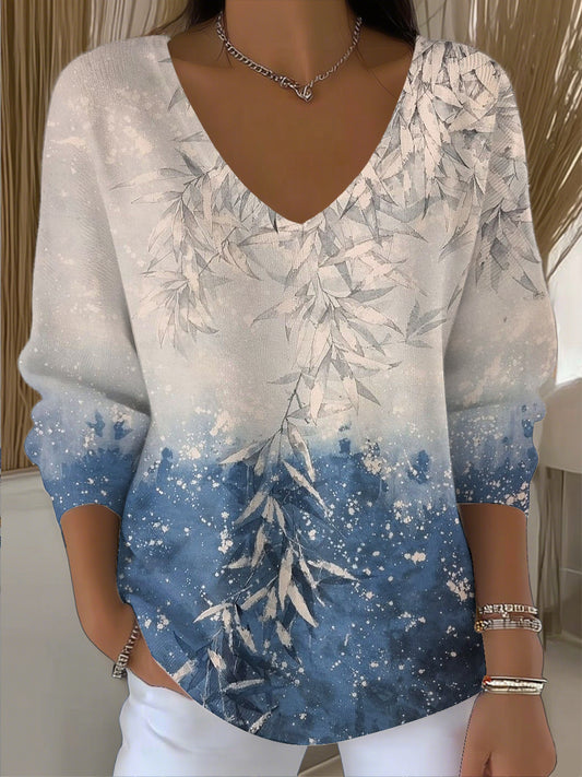 Ženy vintage elegantní bambusové listy umění vneck top