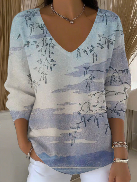 Ženy vintage abstraktní květinová malba umění vneck top