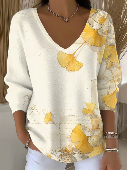 Dámské minimalistický elegantní ginkgo list art vneck top