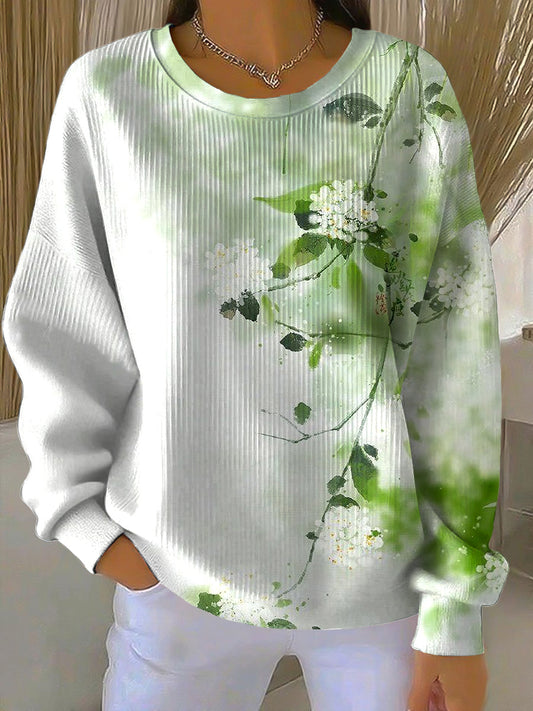 Ženy abstraktní květinová olejomaľba umění příležitostné posádka krku pulóver