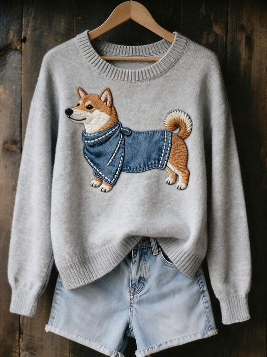 Dámské vintage umění zvířecí tisk útulný pletený svetr