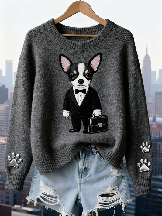 Dámské vintage umění zvířecí tisk útulný pletený svetr