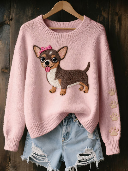 Dámské vintage umění zvířecí tisk útulný pletený svetr