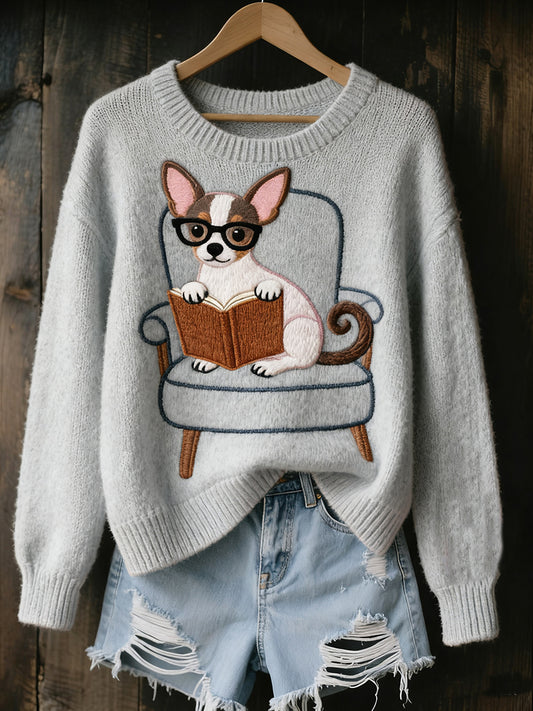 Dámské vintage umění zvířecí tisk útulný pletený svetr