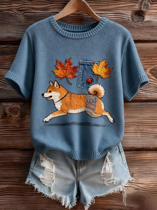 Dámské vintage umění zvířecí tisk útulný pletený krátký rukáv svetr