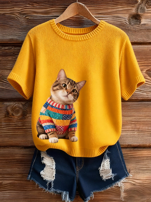 Dámské vintage umění zvířecí tisk útulný pletený krátký rukáv svetr