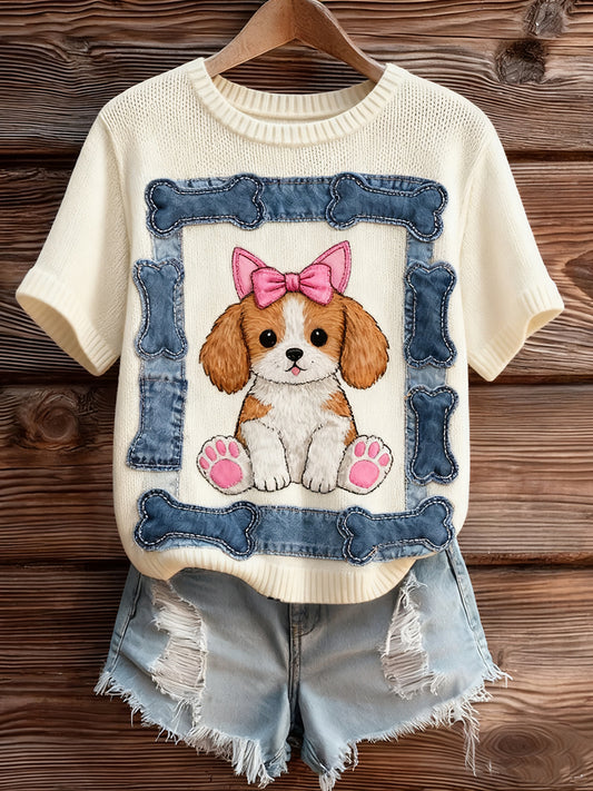 Dámské vintage umění zvířecí tisk útulný pletený krátký rukáv svetr