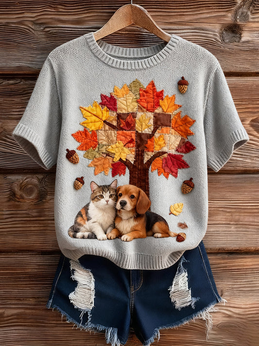 Dámské vintage umění zvířecí tisk útulný pletený krátký rukáv svetr