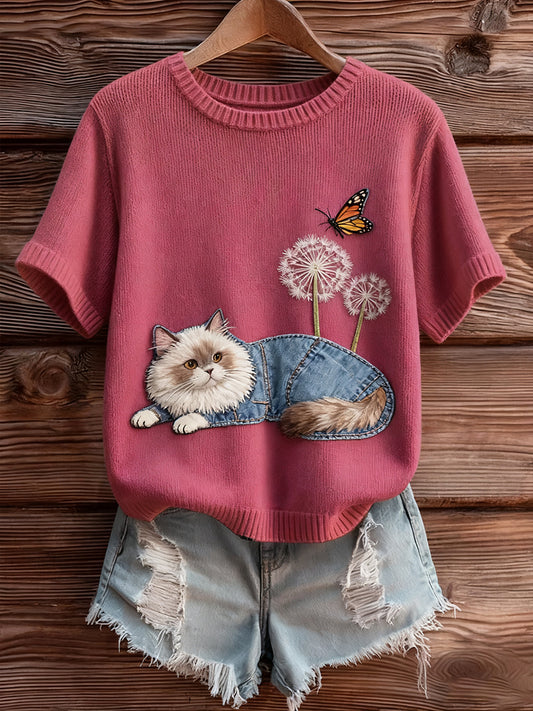 Dámské vintage umění zvířecí tisk útulný pletený krátký rukáv svetr