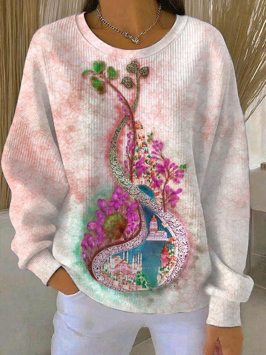 Dámské růžové květinové posádky krku jumper