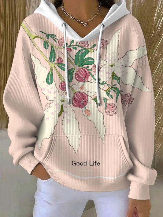 Dámské růžové květinové mikina s kapucnou