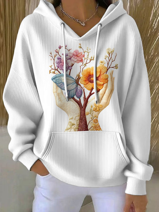 Dámské bílé květinové vyšívané mikiny s kapucnou