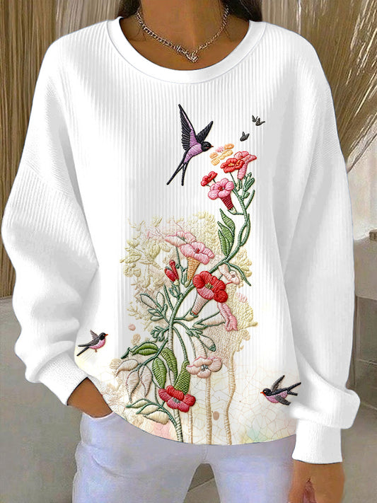 Ženské bílé květiny vyšívané posádka krku pulóver