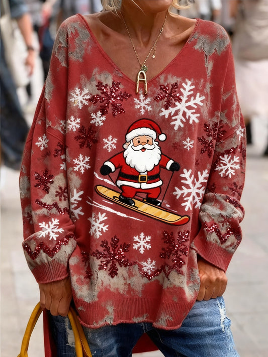 Dámské vintage vánoční umění tisk útulný pletený top