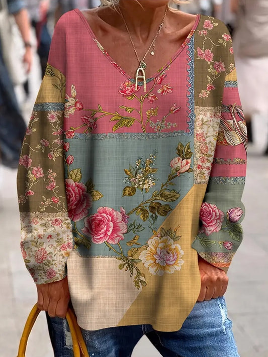 Ženy vintage umění květinová tisk comfort top