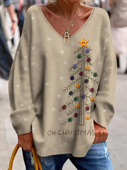 Dámské vintage vánoční umění tisk útulný pletený top