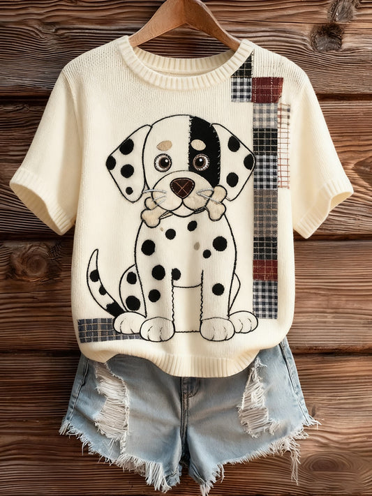 Dámské umělecké zvířecí tisk pohodlné pletené krátké rukávy top