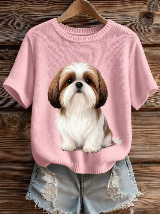 Dámské umělecké zvířecí tisk pohodlné pletené krátké rukávy top