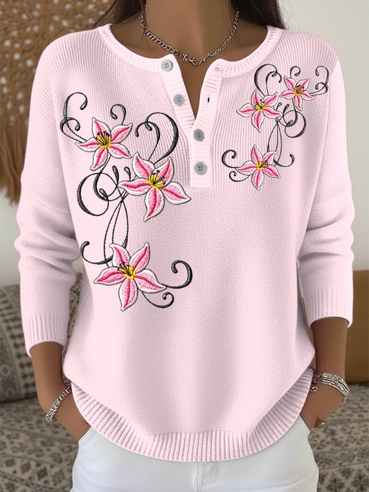 Dámské květinové vyšívané henley neck svetr