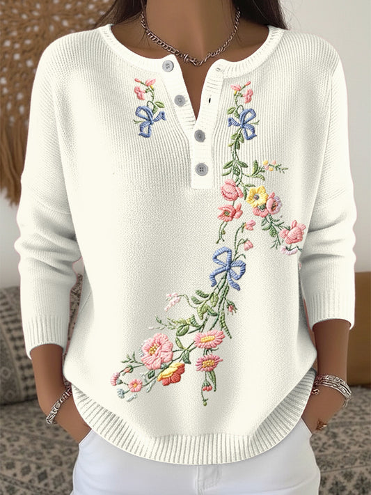 Dámské marhule květinové vyšívané henley krk svetr