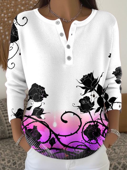 Dámské květinové henley neck svetr