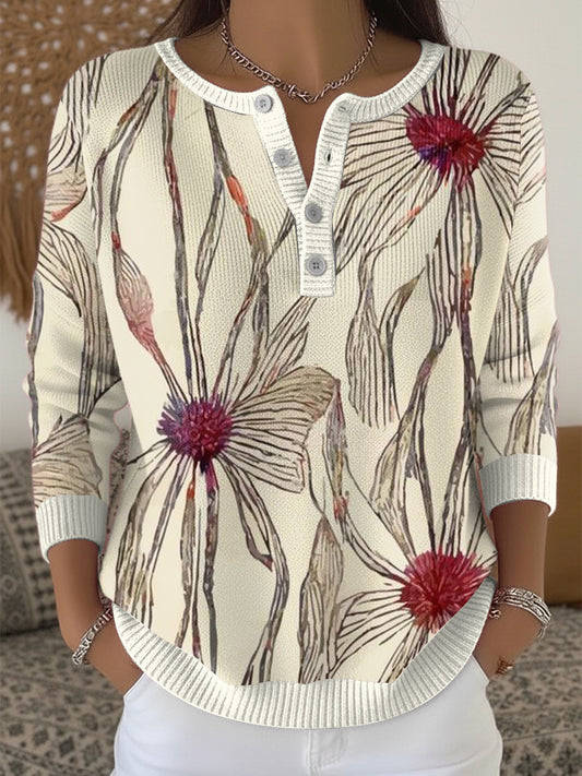 Dámské květinové módy henley neck svetr