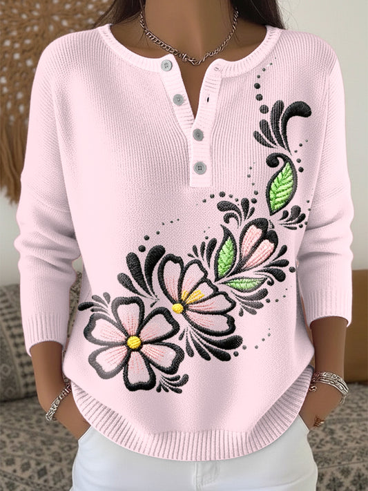 Dámské růžové květinové henley neck svetr