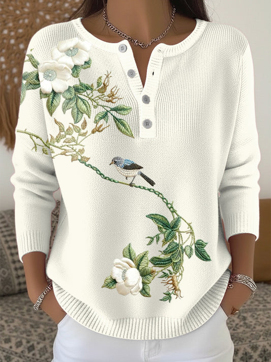 Dámské květinové a vtáčí vyšívané henley neck svetr