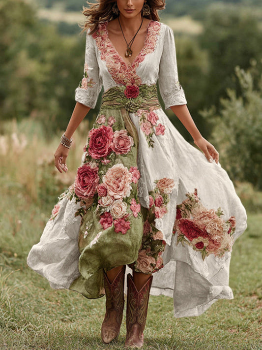 Dámské vintage květinové pohodlí midi šaty