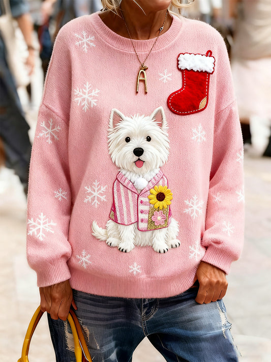 Dámské vintage vánoční umění tisk útulný pletený svetr