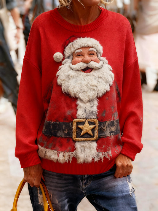 Dámské vintage vánoční umění tisk útulný pletený svetr