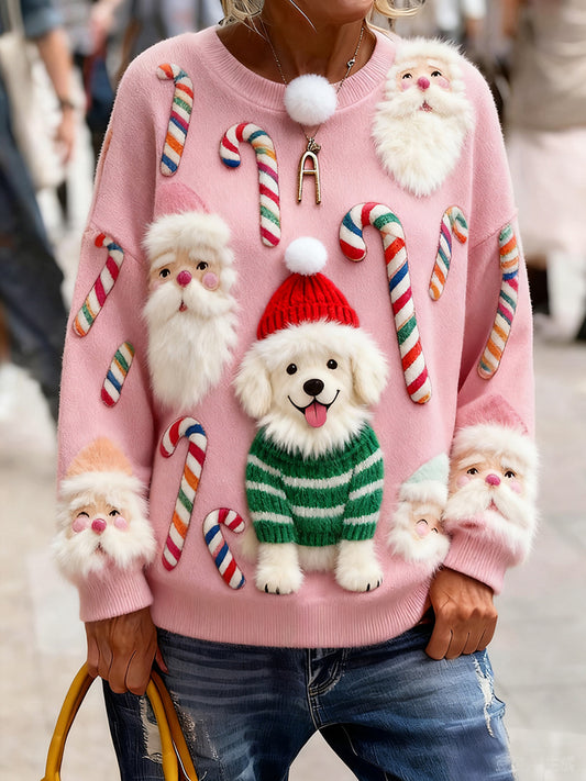 Dámské vintage vánoční umění tisk útulný pletený svetr