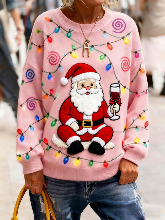 Dámské vintage vánoční umění tisk útulný pletený svetr