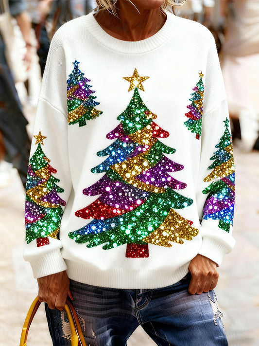 Dámské vintage vánoční umění tisk útulný pletený svetr