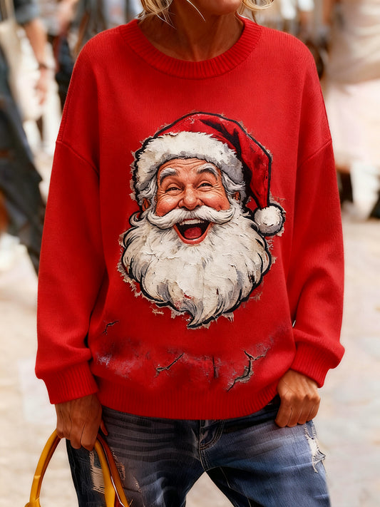 Dámské vintage vánoční umění tisk útulný pletený svetr