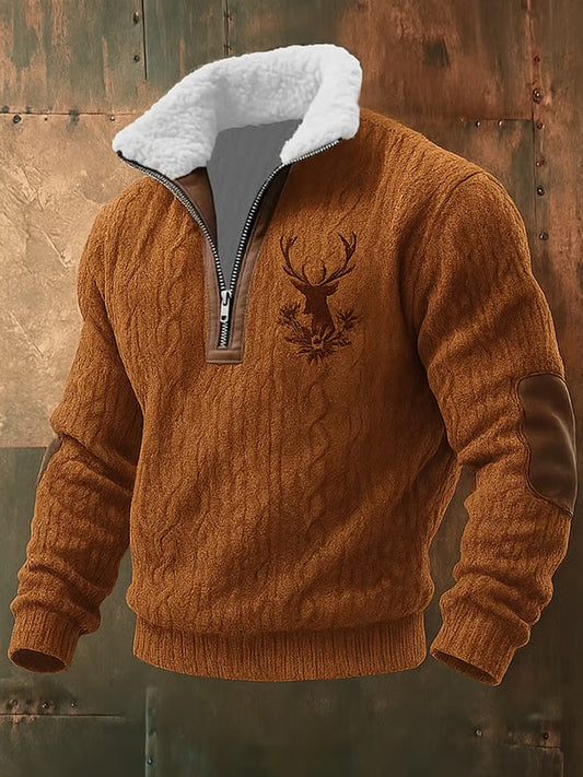 Men retro western art print casual zipper fur collar sweatshirt