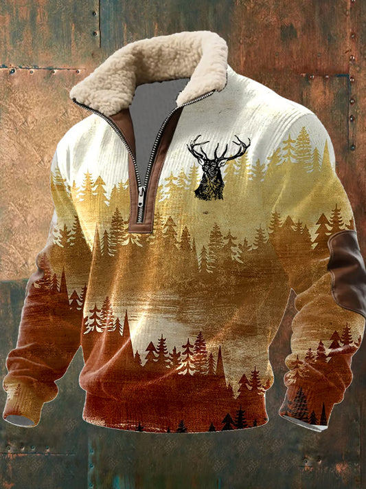 Men retro western art print casual zipper fur collar sweatshirt