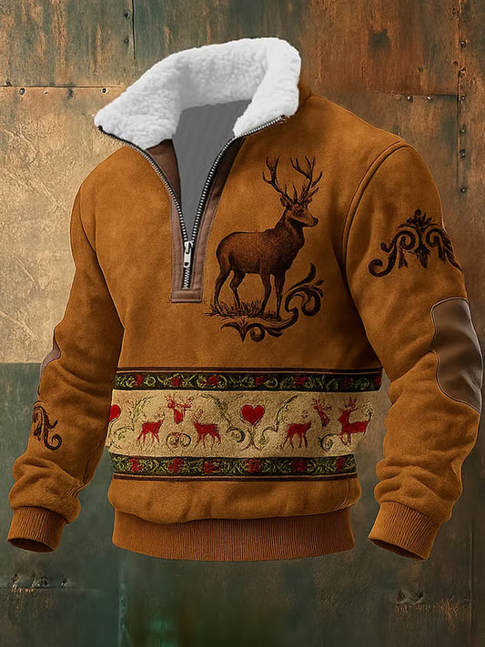 Men retro western art print casual zipper fur collar sweatshirt